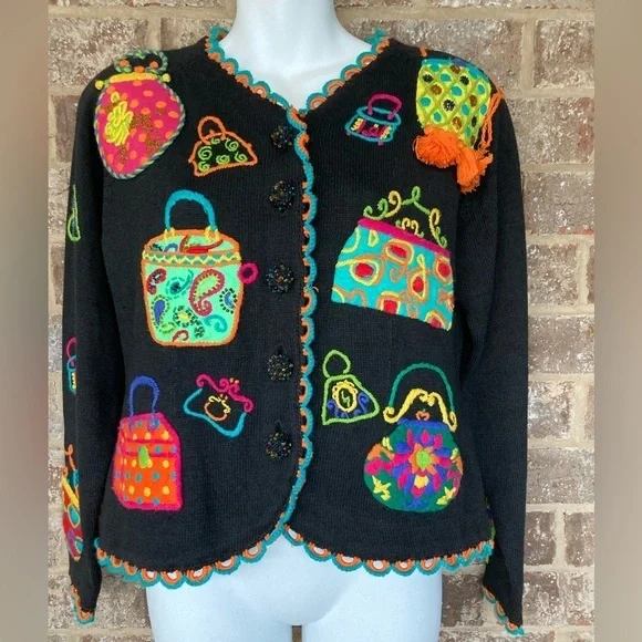 Vintage 1994 Michael Simon multi color crochet patch sweater Size S Purses - Picture 1 of 16